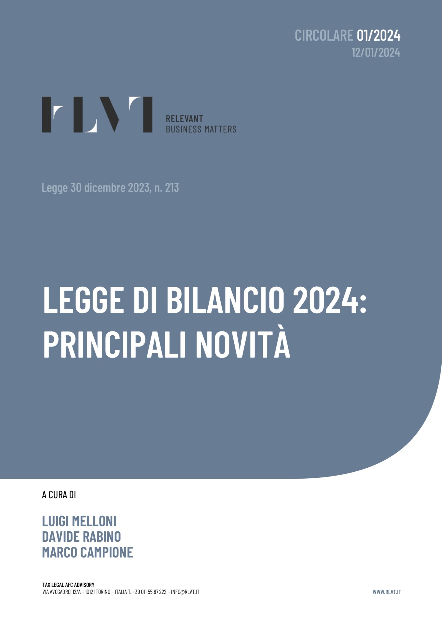 LEGGE DI BILANCIO 2024 PRINCIPALI NOVITÀ Circolare 1 2024 RLVT