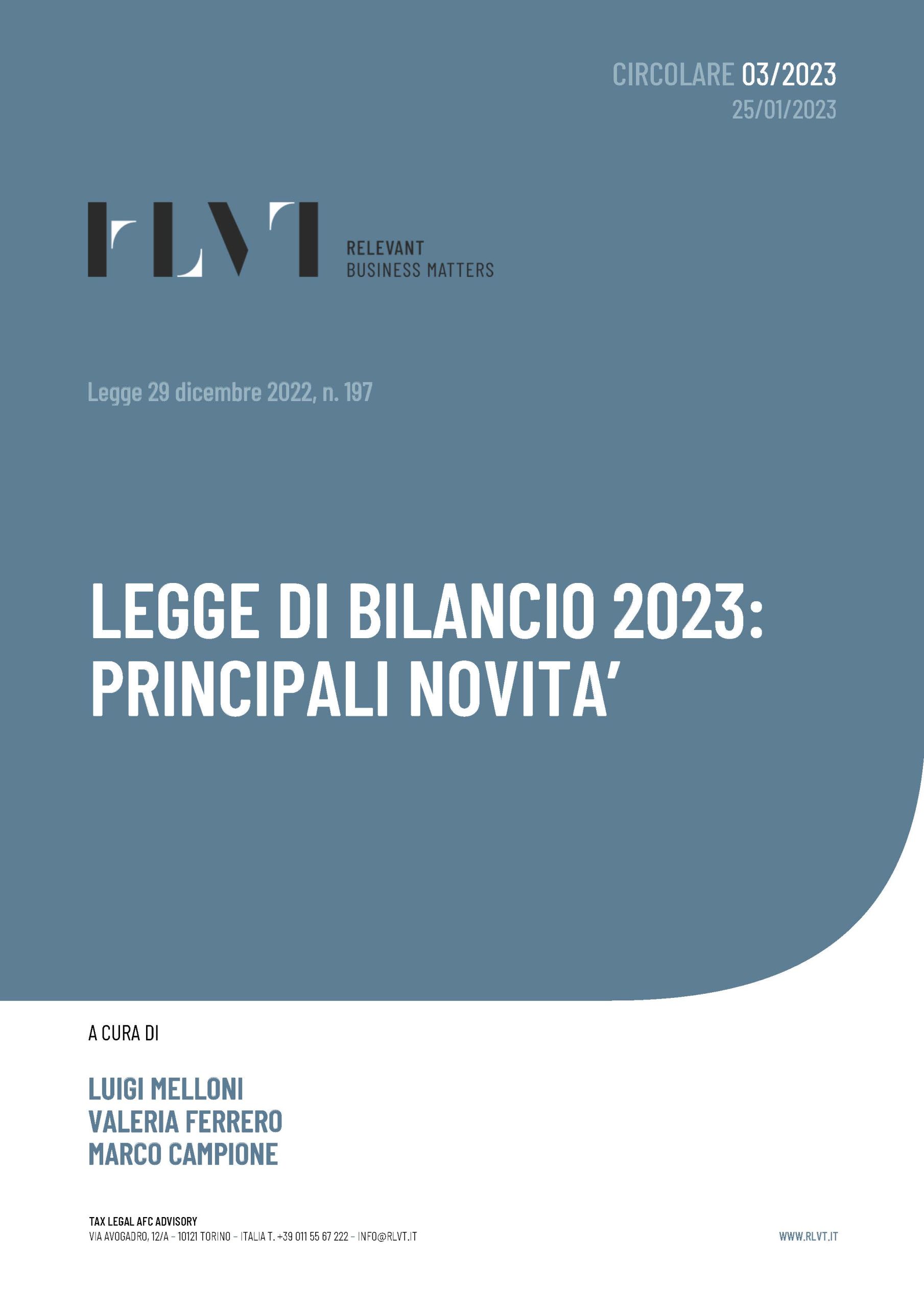 LEGGE DI BILANCIO 2023: PRINCIPALI NOVITA’ – Circolare 3/2023 - RLVT